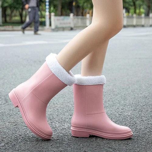 Женские резиновые сапоги до середины голени 2026 Новые резиновые ботинки Зимние резиновые сапоги Хлопковая подкладка Теплосберегающие Водонепроницаемые Женская нескользящая обувь
