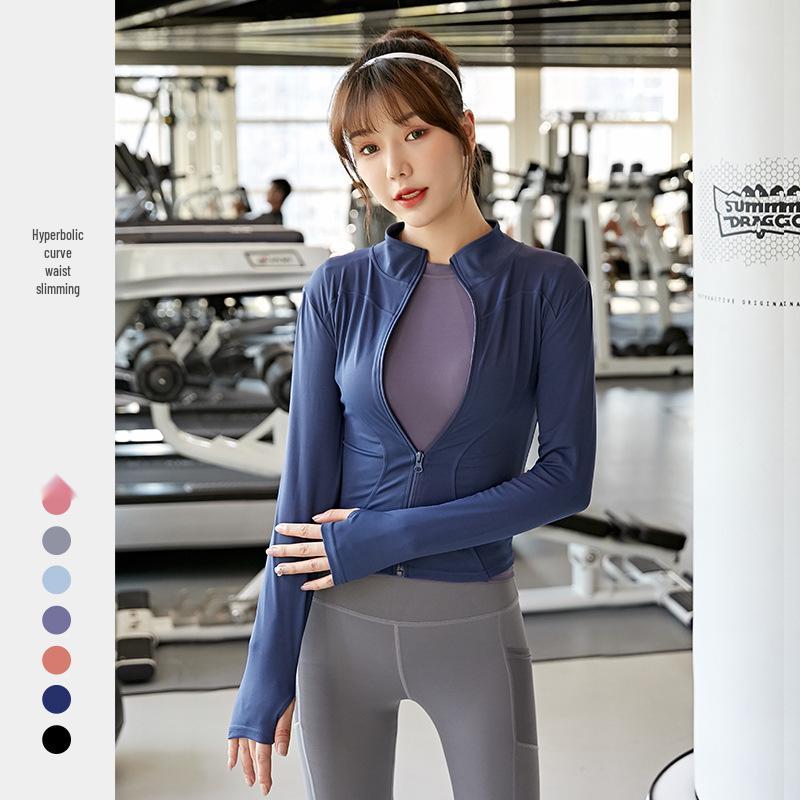 Персиковая фитнес-куртка: Быстросохнущий спортивный топ с длинным рукавом и молнией, со стойкой воротником, для йоги весной и осенью