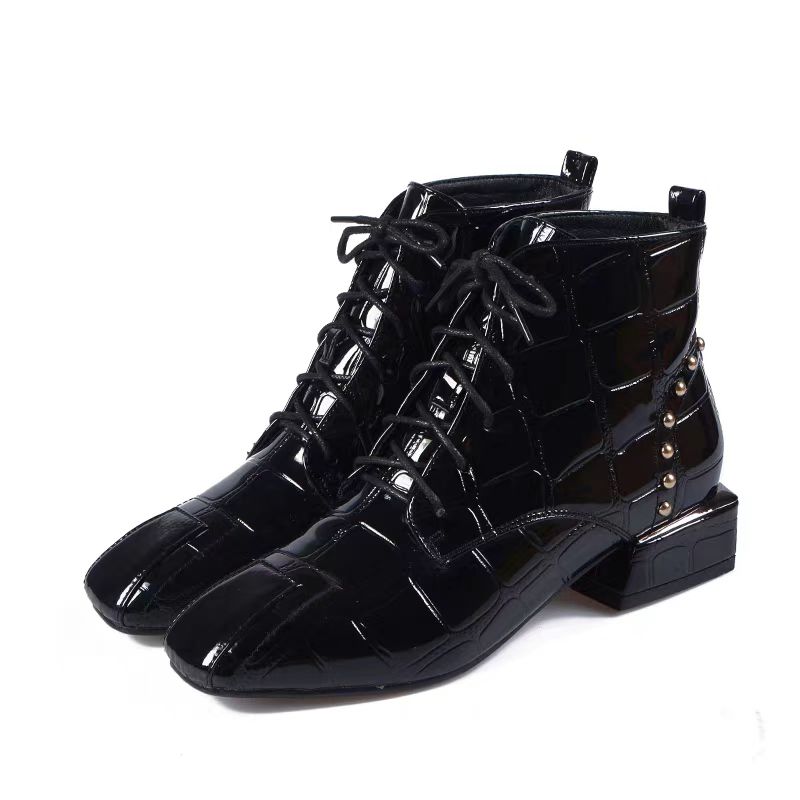 2024 Fashion Square Toe Mid Heel Solid Women's Boots Square Heel Ankle Modern Boots Spring/autumn Lace-up Shoes Female Botas
