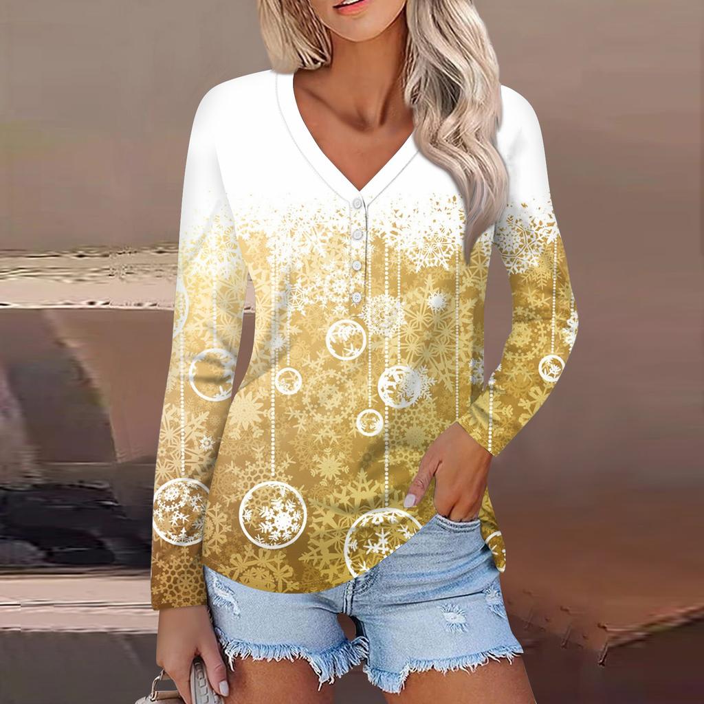 Women's Casual Fashion Sexy Comfort Christmas Printed V-Neck Button Long Sleeve