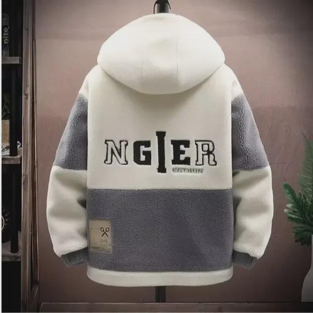 Мужское утепленное флисовое пальто - Повседневная куртка из овечьей шерсти с капюшоном для подростков и студентов