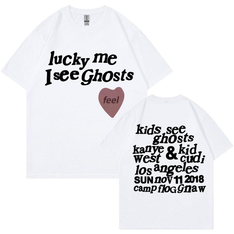 Футболка Kids See Ghosts - Lucky Me I See Ghosts - Буквы Канье Уэста 100% хлопок с принтом Футболки Мужчины Женщины Мода Повседневные топы