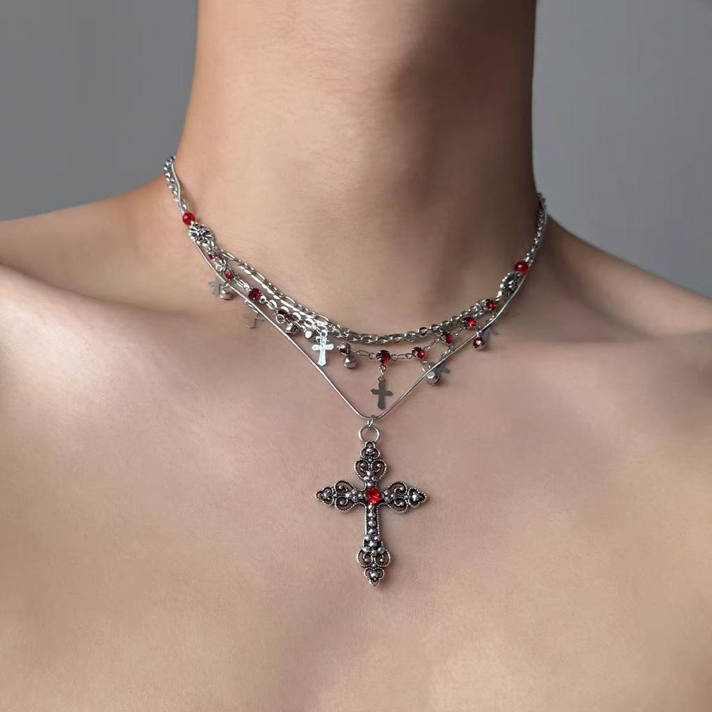 Gothic‑Style Women Multi‑Layer Stacked Collarbone Chain, Niche‑Vintage Accessories With Cross Pendant And Tassel Design Details