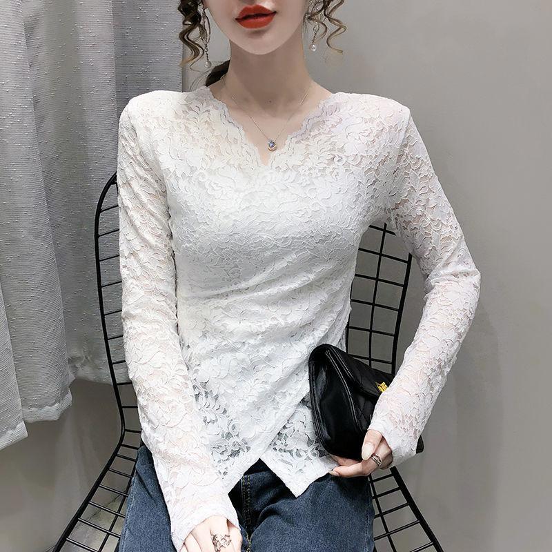 Autumn and Winter Padded Sexy V-neck Long-sleeved Cross Slim Age-reducing Blouse Hundred Lace Bottoming Shirt