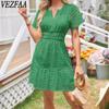 Женская мода лето весна сплошной цвет печати короткий рукав V-образным вырезом повседневные платья