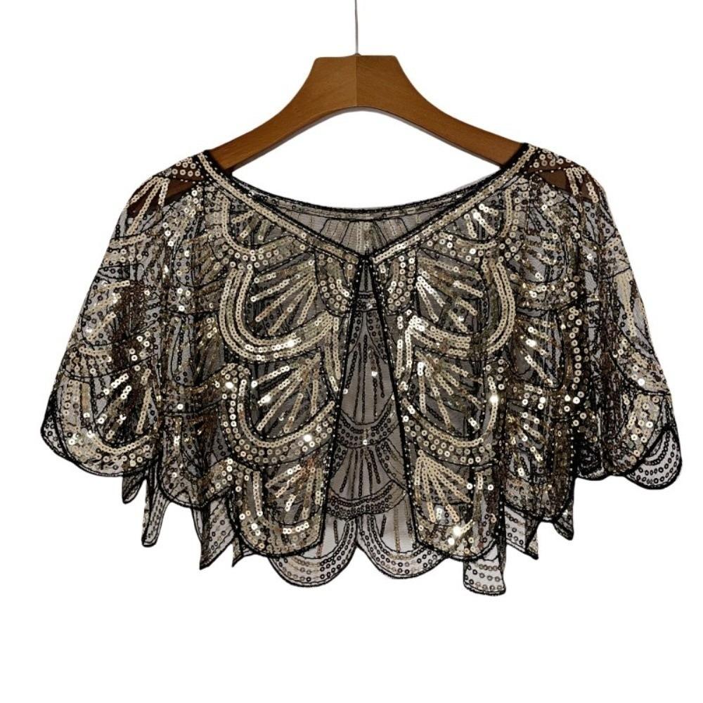 Art Deco Hollowed-out Shawl Beaded Lace Shoulder Cover Vintage Sequin Poncho Coat Women