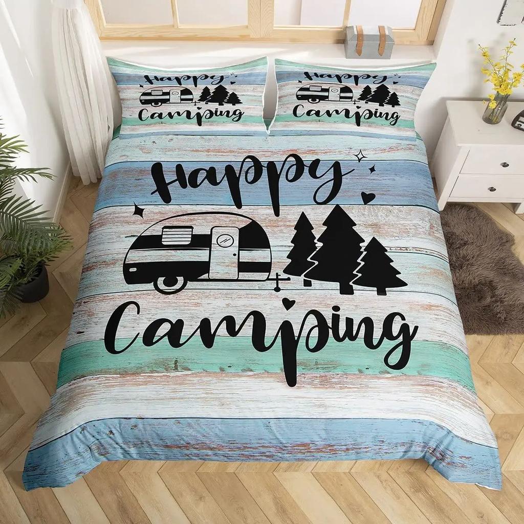 Happy Camping Duvet Set Retro Style Bedding Set Three-Piece Set