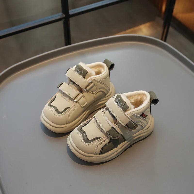 Boys Casual Sport Shoes Winter Warm Britain Style Girls Casual Shoes Double Hook & Loop Children Fashion Leather Shoes 2024 New