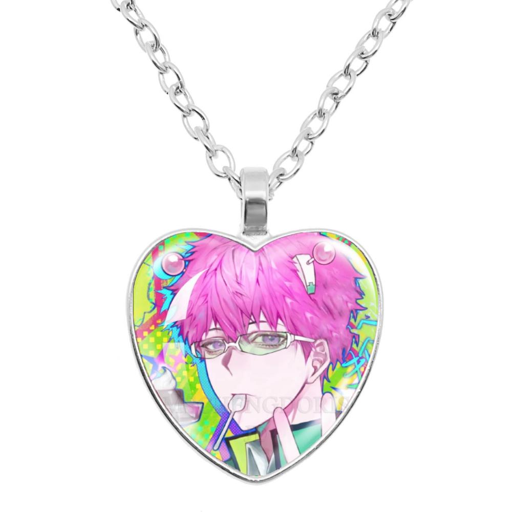 Кулон с персонажами мультфильма Saiki K: Сайки Кусуо, Сайто Шуичи, Терухаши Кокоми. Кулон в форме стеклянного сердца. Украшение-шарм. Подарок.