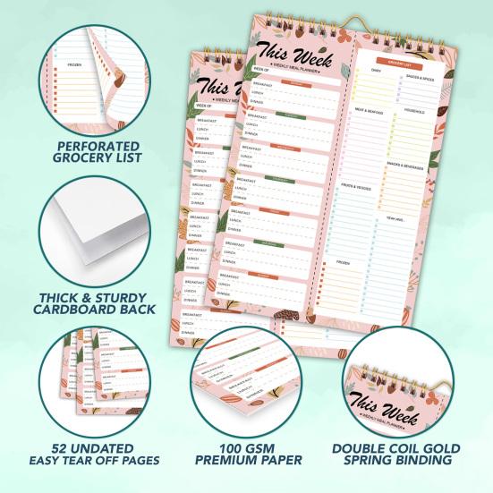 52-недельный отрывной блокнот для планирования питания, на спирали, с отрывным списком покупок, недатированный блокнот для планирования меню для кухни