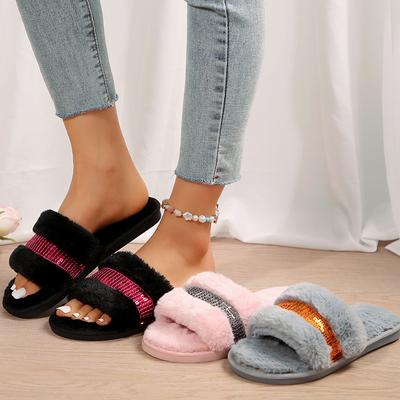 Модные блестящие пушистые тапочки Теплые домашние уличные зимние тапочки для женщин и мужчин