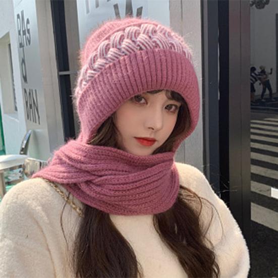 Женская зимняя шапка, вязаная толстая цветная шапка, ветрозащитная, теплая, мягкая, защита ушей, плюшевый декор, эластичная противоскользящая шапка, шарф, комбинированная женская шапка