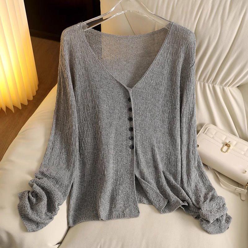 Thin Sweater Coats Women Clothing Hollow Out Long Sleeve Summer Solid Color Sueter V-neck Casual Knitted Cardigan Jackets