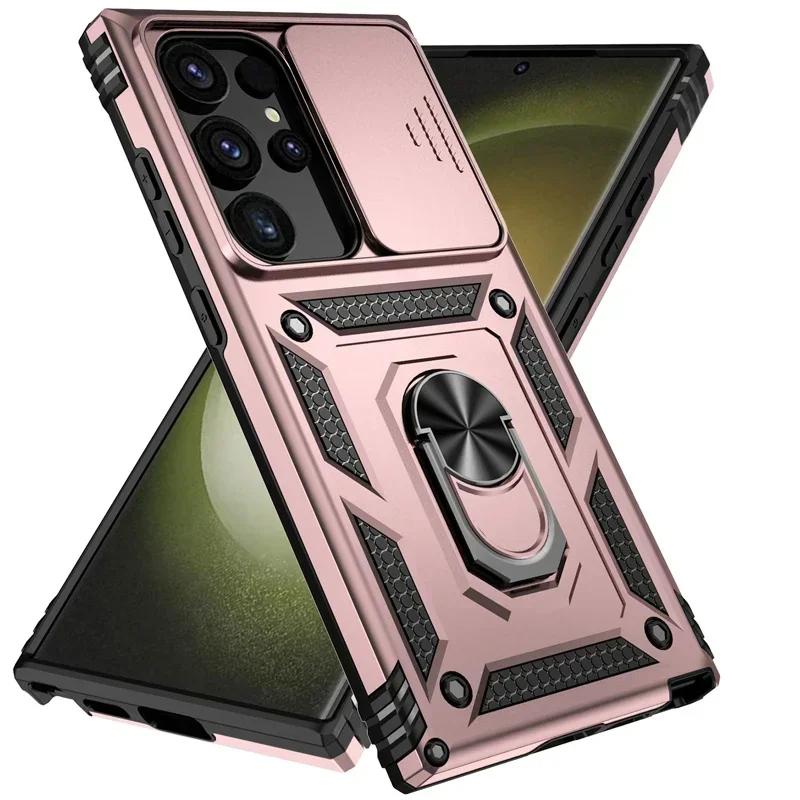 Чехол-броня военного класса с вращающейся подставкой-кольцом и сдвижной защитой объектива камеры для Samsung Galaxy S24 S23 S22 S21 FE Note 20 Ultra A16 A06 A55