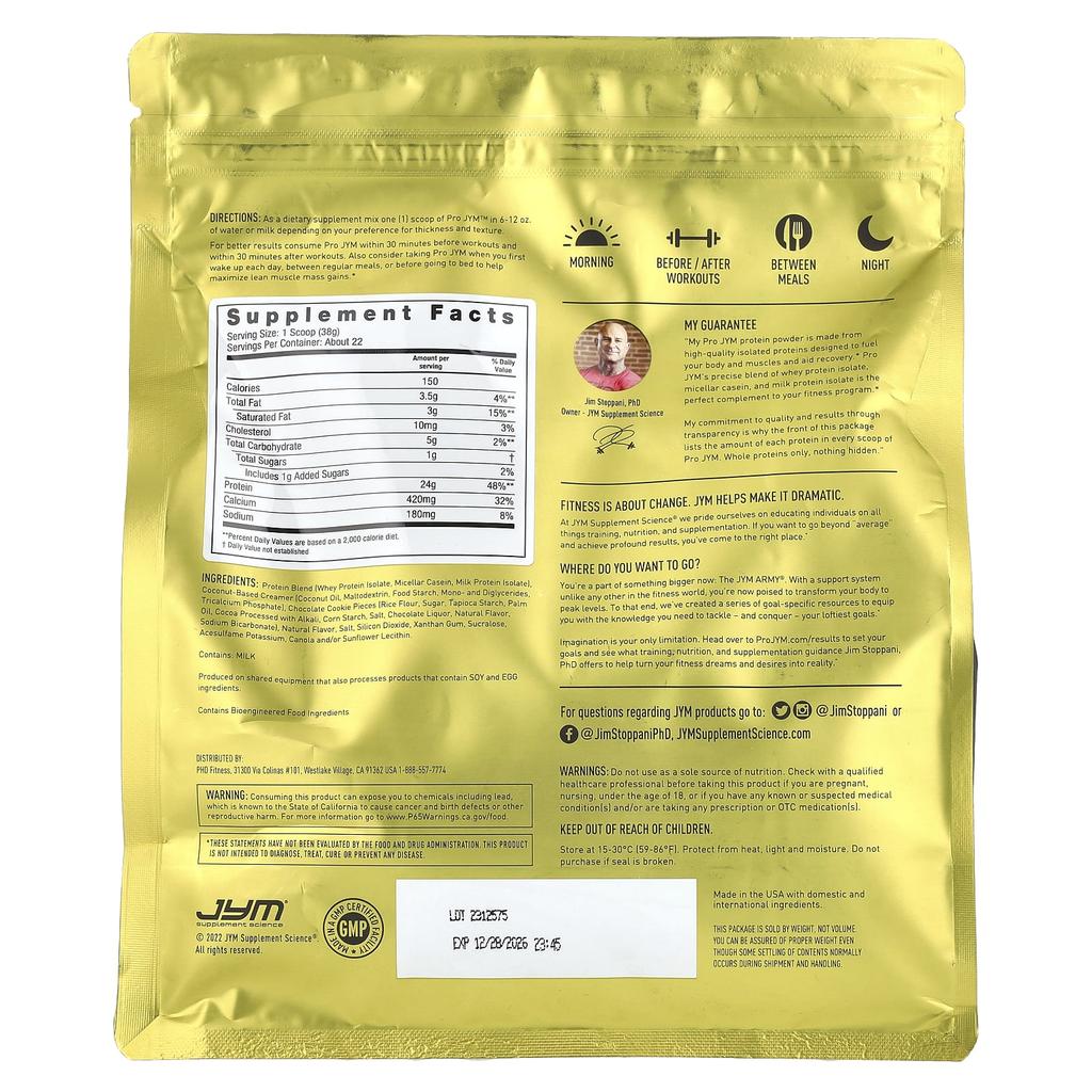 JYM Supplement Science, Pro JYM, Ultra Premium Protein Blend, Cookies & Cream, 1.8 lb (836 g)