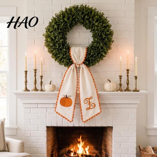 Fabric Pumpkin Decor for Fall Halloween Wreath Sash Front Door Decor, Orange Scalloped Party Supplies Home Ribbon with Embroidery, Thanksgiving Porch