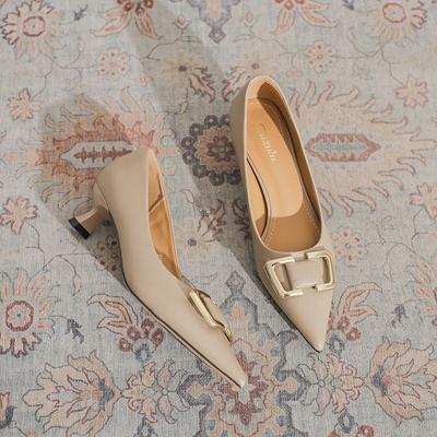 2216-68 Французские туфли-лодочки с острым носком и низким каблуком-рюмочкой, женские весенне-осенние 2025 новая работа, профессиональные туфли на высоком каблуке