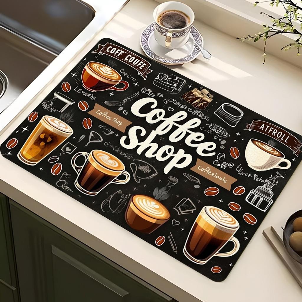 Классический кофейный дизайн Коврик для сушки посуды Мягкая резина Нескользящий Впитывающий Полиэстер Устойчивый к пятнам Для кухни Кофейный бар Столешница