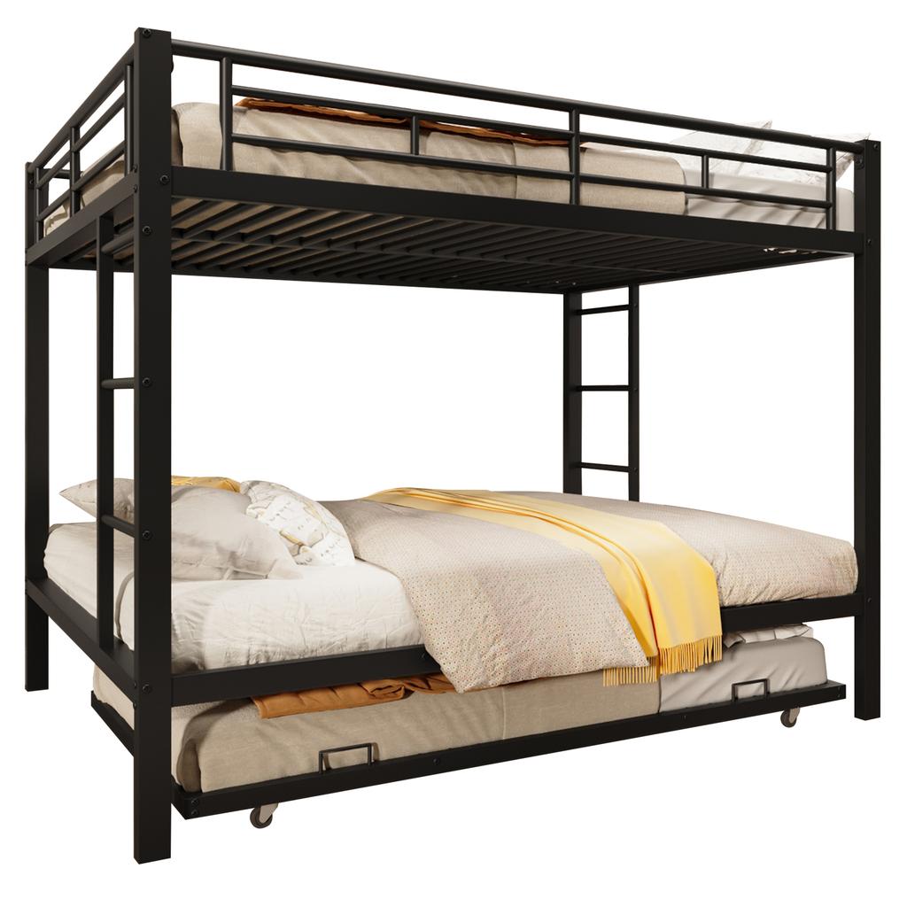 140*200Cm bunk bed, iron frame bed, children's bed, equipped with pull-out bed, high railings, without mattress, black