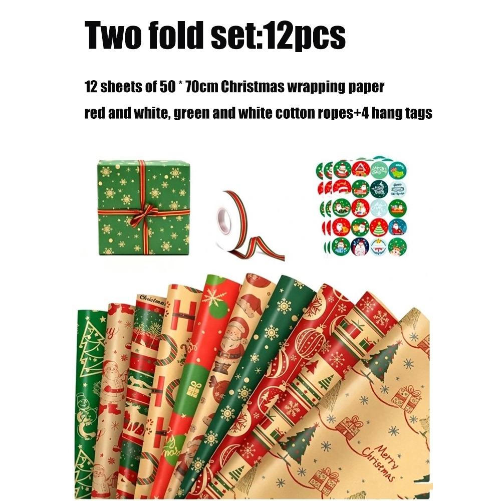 12pcs Striped Print Kraft Wrapping Paper Santa Print Christmas Wrapping Paper Holiday Presents