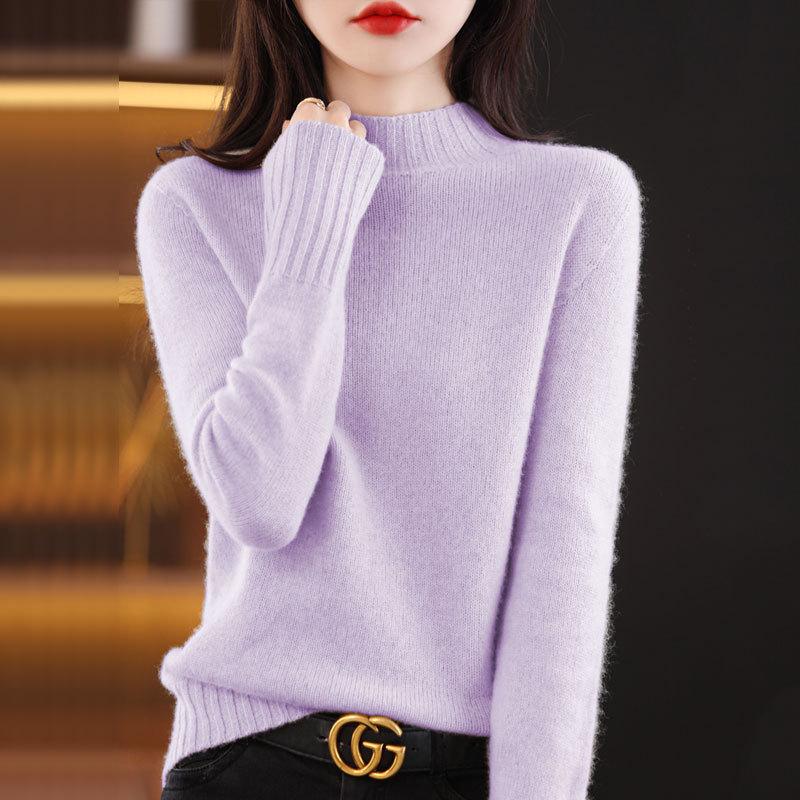 Женский шерстяной свитер: Осень/Зима, Полувысокий воротник, Теплый, Однотонный, Свободный крой, Повседневный стиль