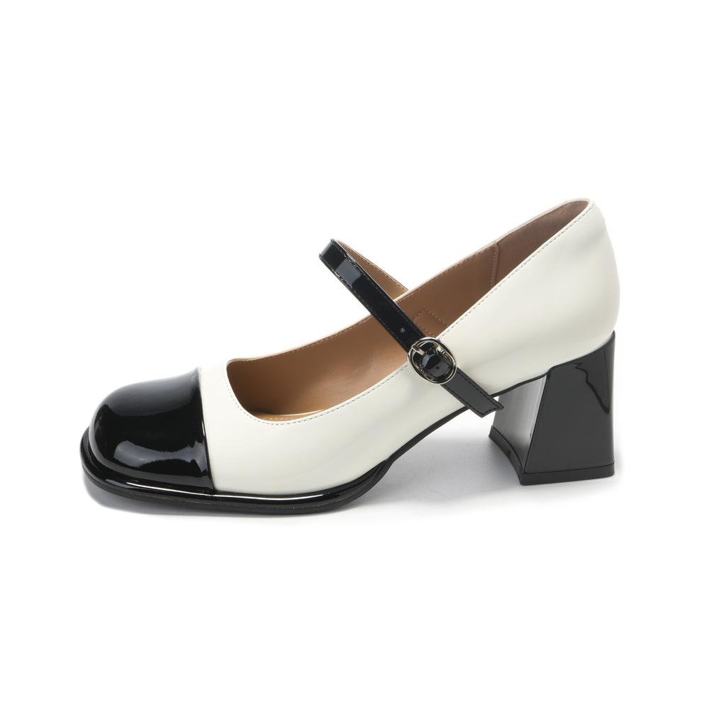 Mary Jane Women'S Shoes Black And White Color Matching Round Head Thick Heel Single Shoes With Skirt One-Word Heel Shoes