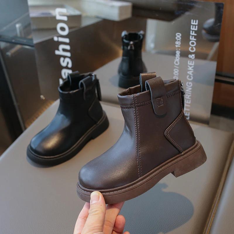Детские ботинки весна-осень, простые, с круглым носком, для девочек, школьные, ботильоны, модные, нескользящие, детские, повседневные, кожаные ботинки, размер 26-36