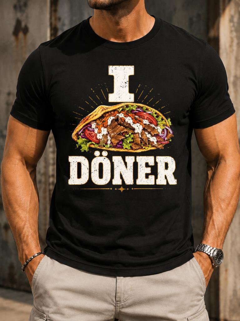 I Love Doner Bold Letter I And Kebab Sandwich Graphic With Vegetables And Sauce Distressed Food Unisex All Tshirt