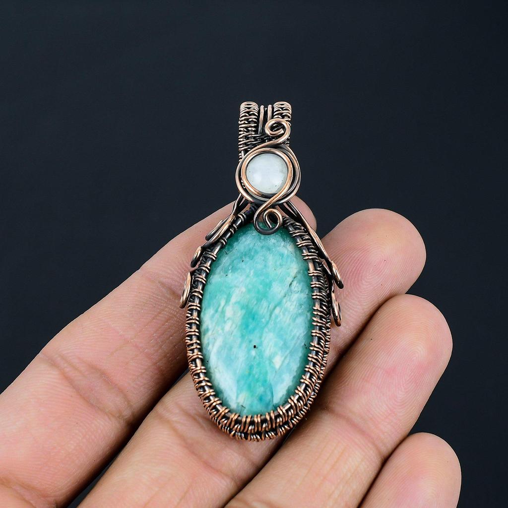 Gorgeous Amazonite & Moonstone Gemstone Handmade Pure Copper Wire Wrap Jewelry Pendant