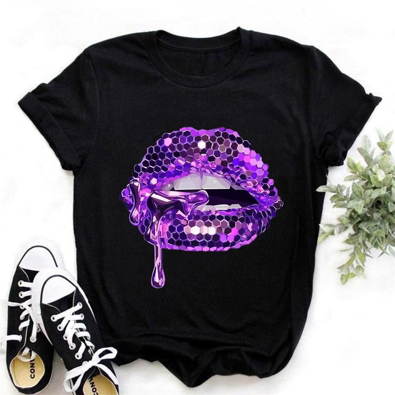 2024 Hot Sale Black T Shirt Unisex Pink Glitter Lips Graphic Print Tshirt Femme Luxurious Makeup Sexy Tshirt Haut Femme