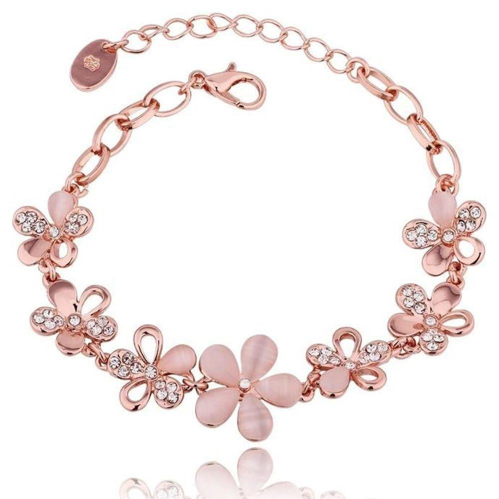 Pink 1 PC Rose Gold Women Bracelet Cat's Eye Opal Flower Chian