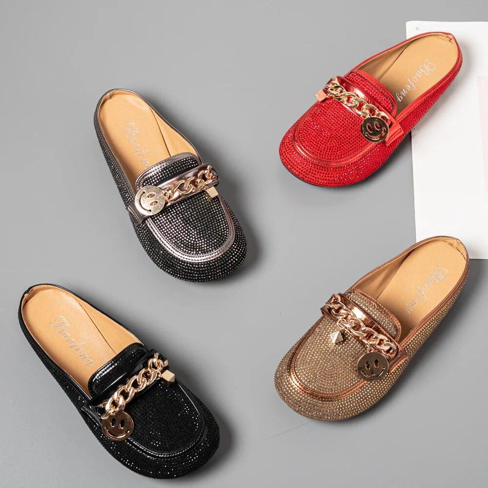 Модные блестящие шлепанцы-мулы с кристаллами, женская обувь, женские туфли-мулы, элегантная обувь на круглом низком каблуке, женские тапочки, повседневная обувь