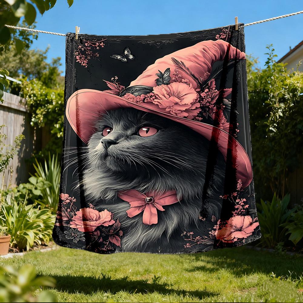 1pc Cat Hat Floral Throw Blanket Polyester Fiber, Lightweight Flannel, Soft & Warm, All Season Use for Outdoor, Camping Digital Print