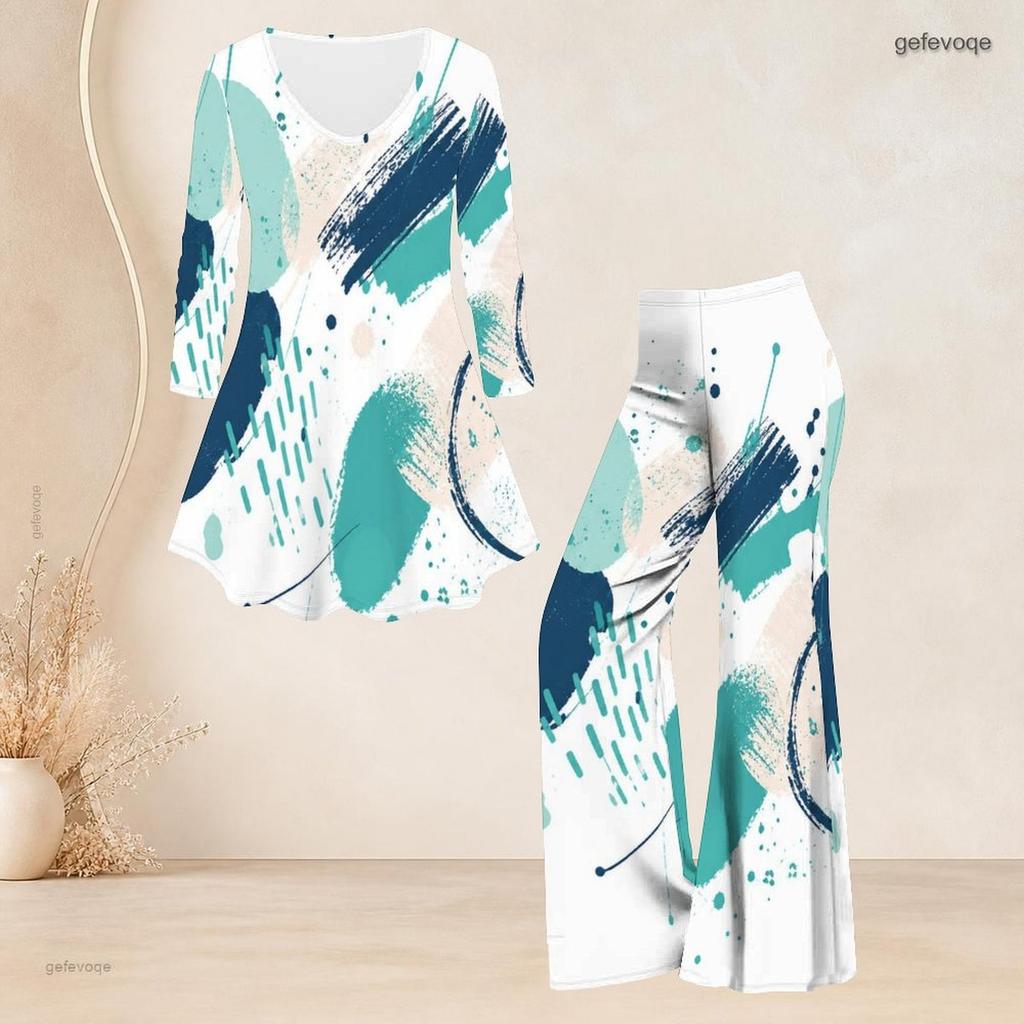 Women Plus Size Halloween Printed V Neck Three Quarter Sleeve Flared Top And Flared Pants Two Piece Set
