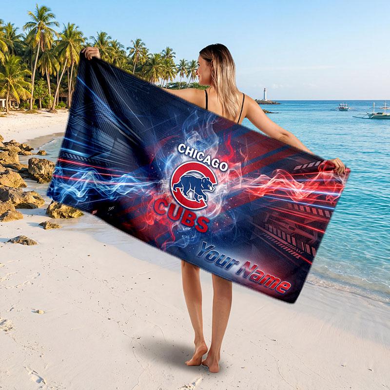 Chicago Cubs Customized Name Text Beach Towel, Soft Absorbent Towel Beach Pool Travel Personal Gift
