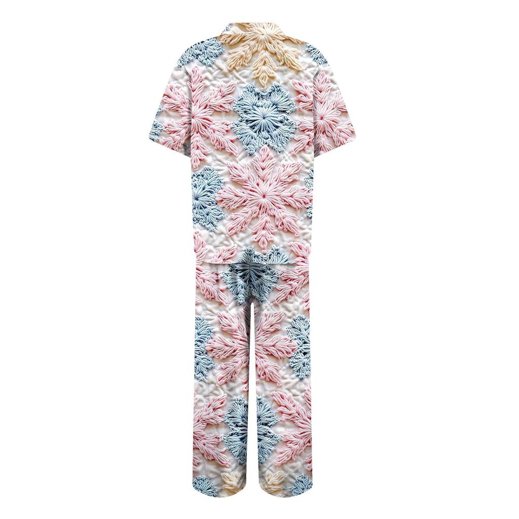 Женский рождественский пижамный комплект с принтом, женские короткие рукава, длинные брюки, комплект из двух предметов, застегивающийся на пуговицы, домашняя одежда