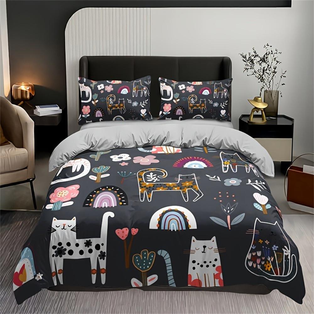 Комплект постельного белья с принтом кошек и цветов - Включает 1 пододеяльник и 2 наволочки, дышащий полиэстер, машинная стирка - Идеально