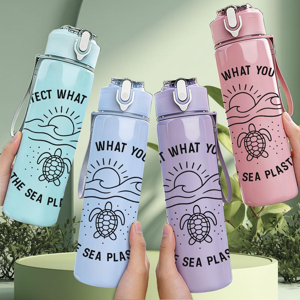 1PC Protect What You Love Ocean Print 750ml Color Plastic Sports Water Bottle Leakproof Flip Straw Lid Suitable for Sports Office Home Use