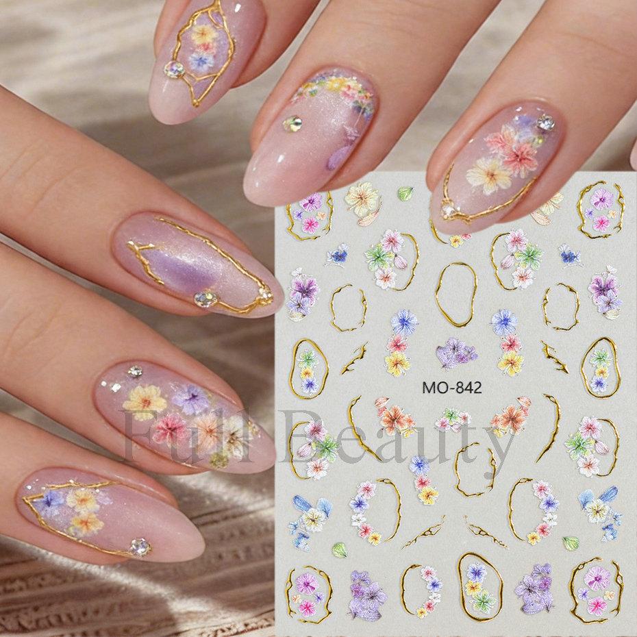 Nail Art Stickers Spring And Summer Gilt Gold-plated Monet Garden Small Dried Flowers Small Floral Back Glue Nail Stickers