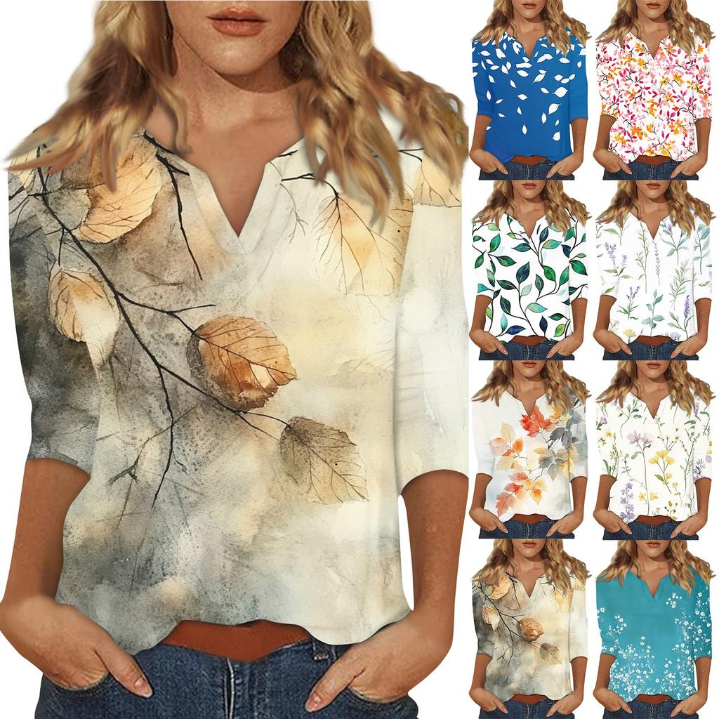 Women's Stand Collar 3/4 Sleeve Printed Top T-shirt