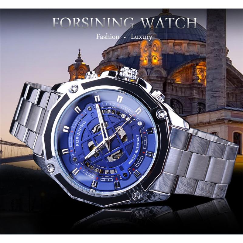 Forsining Men's Fashion Casual Blue Openwork Waterproof Mechanical Watch