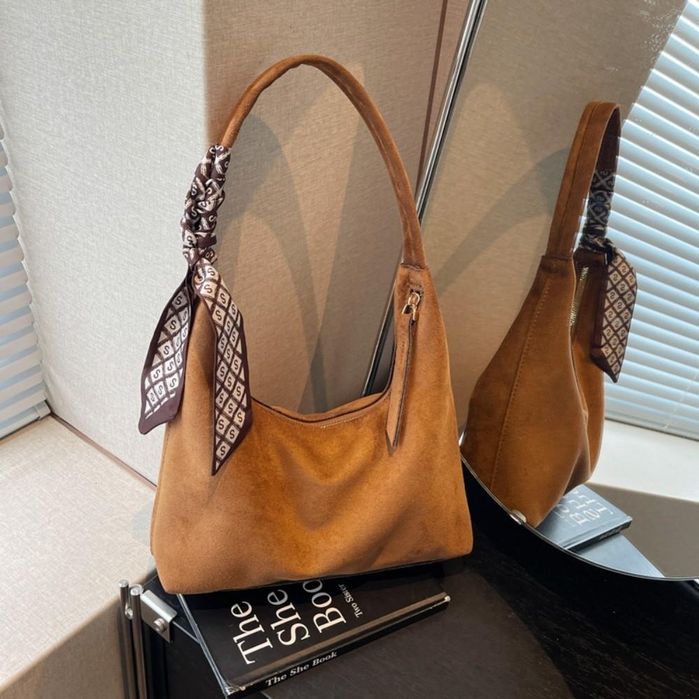 Fashion Faux Suede Underarm Bag Solid Color with Silk Scarf Decoration Shoulder Bag with Zipper Daily Use Tote Bag Women