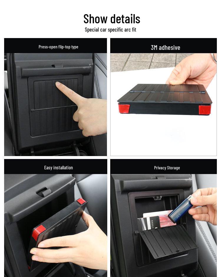 Tesla Model Y Hidden Press Flip-Lid Storage Box with Built-In Compartment for Center Console Armrest.