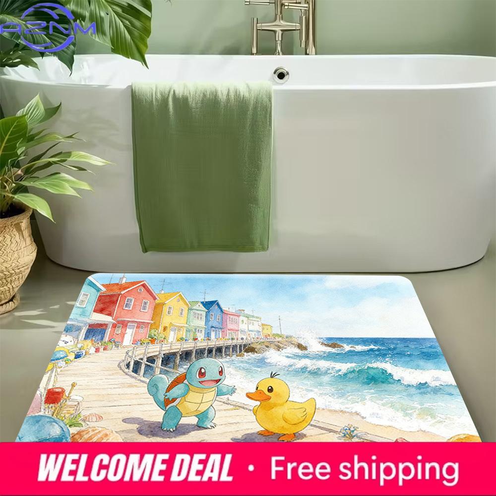 Cute Pokemon Squirtle Beach Scene Print Doormat Anti-slip Absorbent Floor Mat for Home Entrance Bedroom Living Room Decor