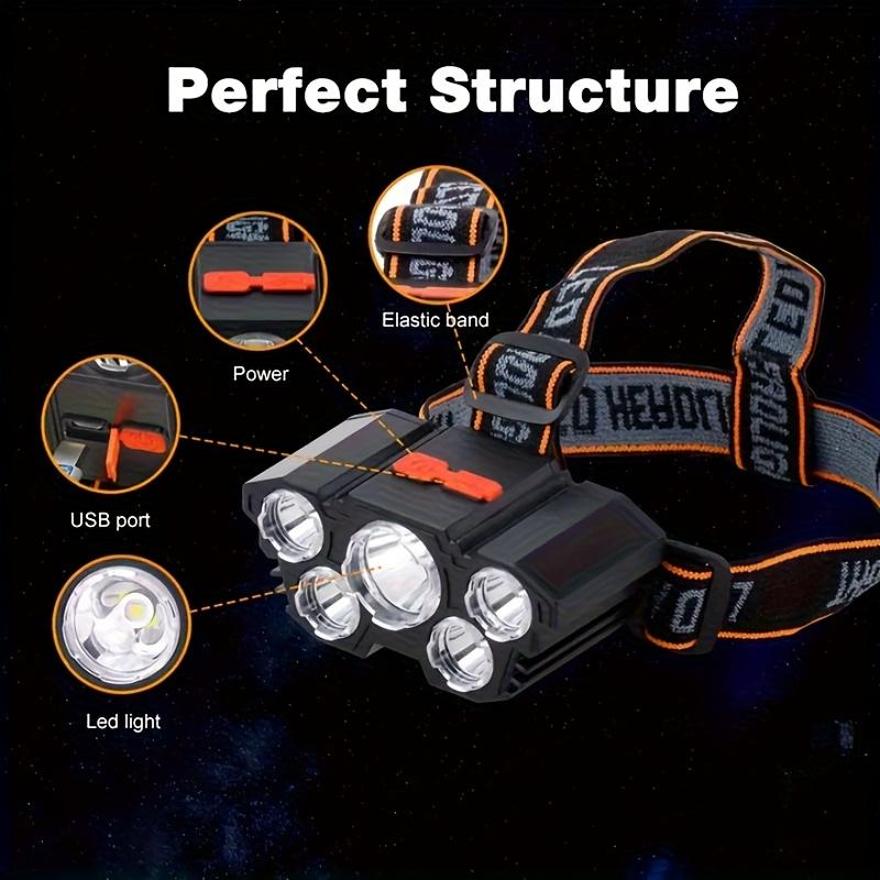 USB Rechargeable 5LED Headlamp Flashlight Waterproof Head Torch with Built-in Battery for Camping,Hiking,Fishing,Emergency Use