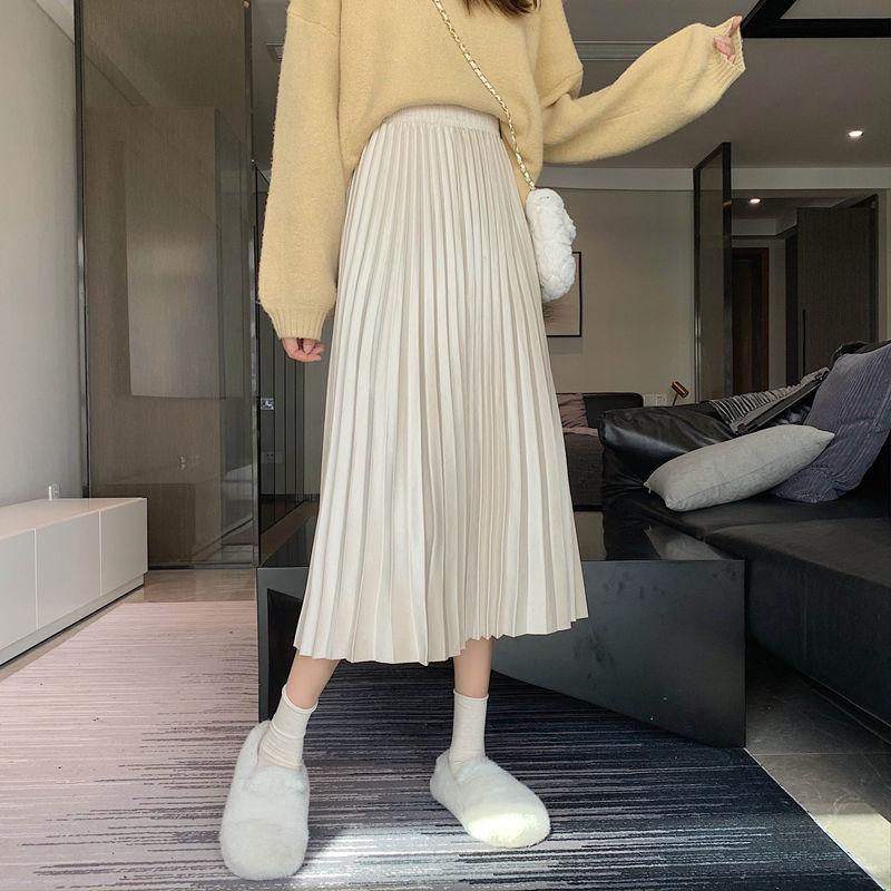 MOUKYUN Хлопковая плиссированная длинная юбка, женская повседневная эластичная талия, Faldas, корейская мода, женские свободные юбки-зонтики до середины икры
