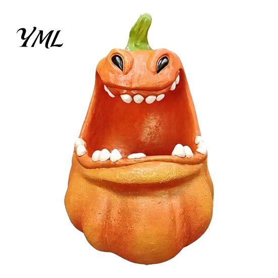 Holiday Desk Ornament Big Mouth Pumpkin Storage Box, Halloween Figurine Resin Jewelry Tray, Candy Holder Trinket Keys for Home Office Decor