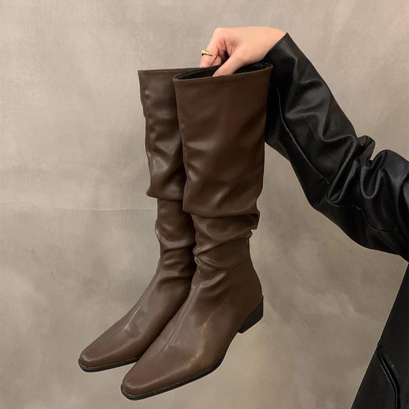 Мода тонкие женские сапоги до колена модные длинные ботильоны с завязками на квадратном каблуке осенне-зимняя обувь