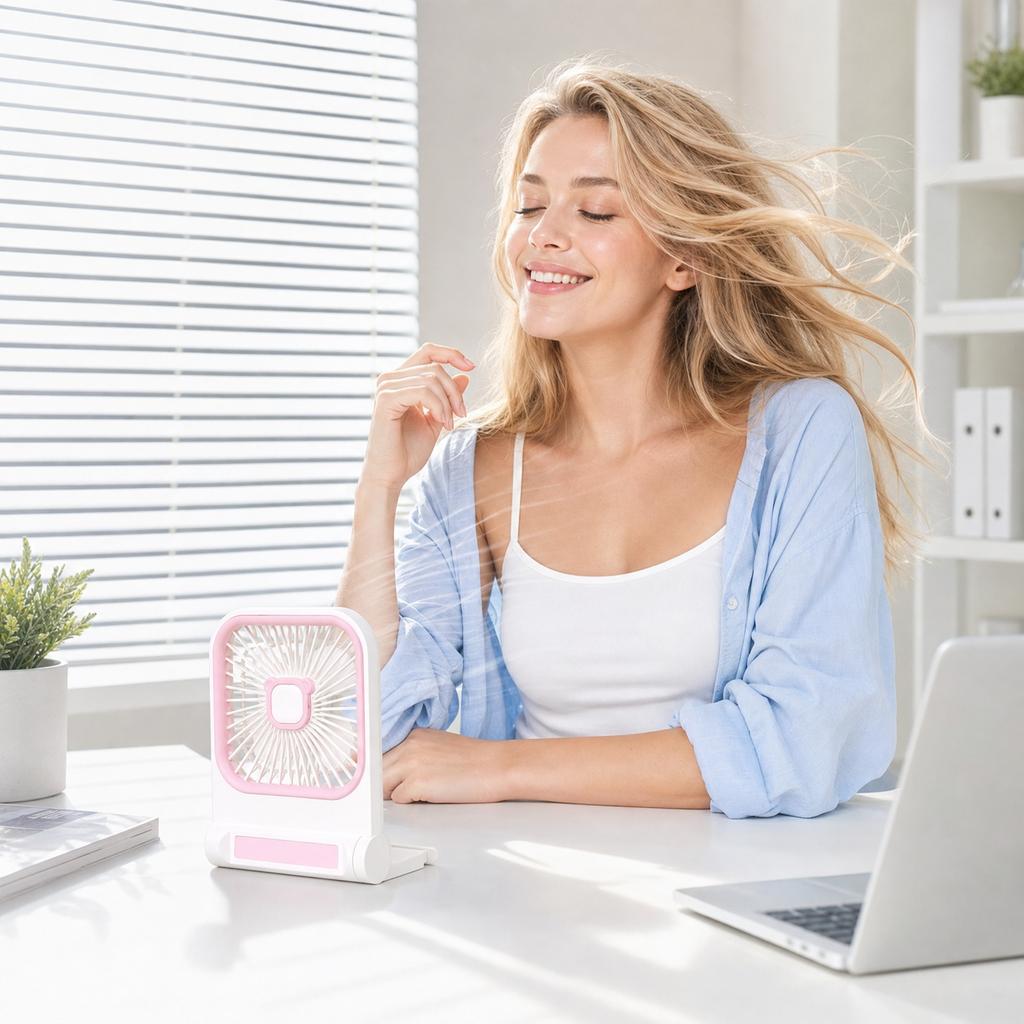 Square Desktop USB Rechargeable Fan with Bear Ear Design 3-Speed Adjustable Small Portable Fan for Desk Wall Mount Outdoor Camping Use