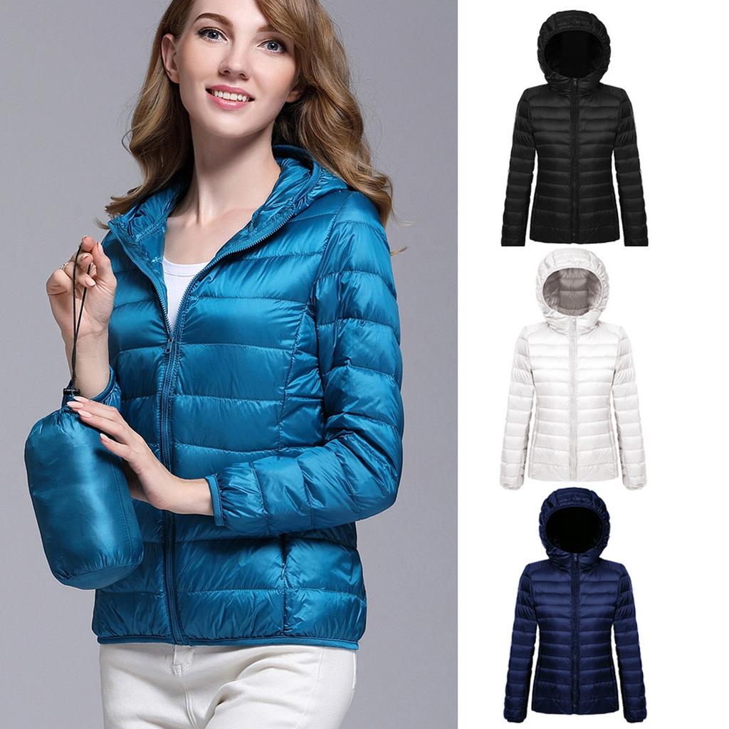 Women Color Ultra Light Jacket Solid Hooded Zippers Coat Down Jacket